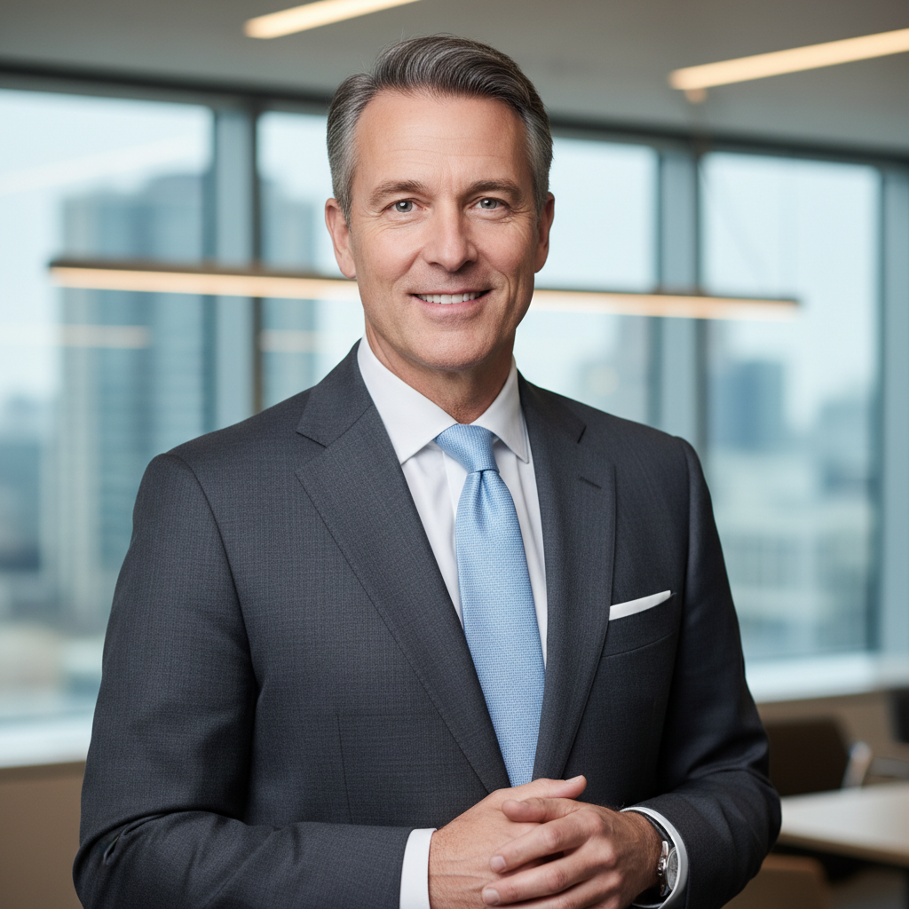 Portrait of David, global asset allocation advisor, Caucasian male, silver hair, wearing a gray suit and glasses, professional and trustworthy demeanor, light studio background.